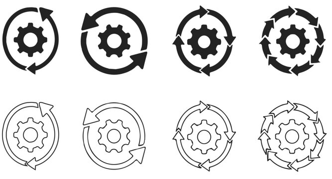 Sync process, Set of flat vector icons on a white background, Sync process, icon reload set, circle arrow with gear wheel, recycling recurrence, renewal sync processing icons - stock vector

