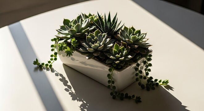 Succulent arrangement in white ceramic pot on bright table