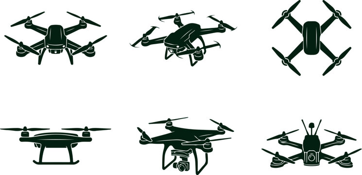 Set of drone silhouettes in various aerial perspectives showing different drone models and angles for technology concepts.