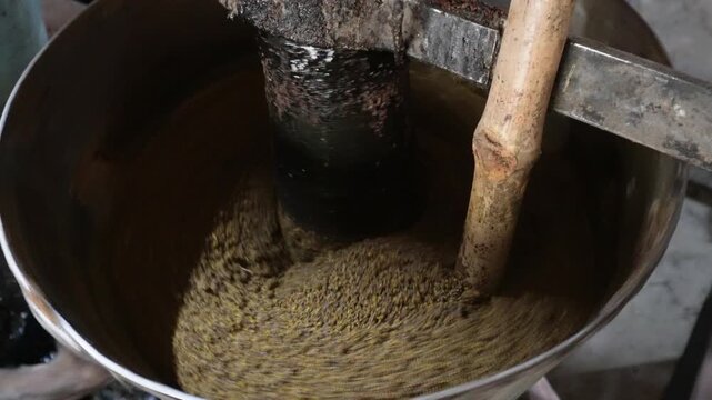 Fresh cold pressed oil flowing during extraction