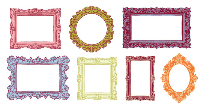Hand drawn colorful vintage baroque ornate picture frames illustration set. Luxury doodle sketch of classic mirrors and elegant museum photo borders. Vector isolated on transparent background.