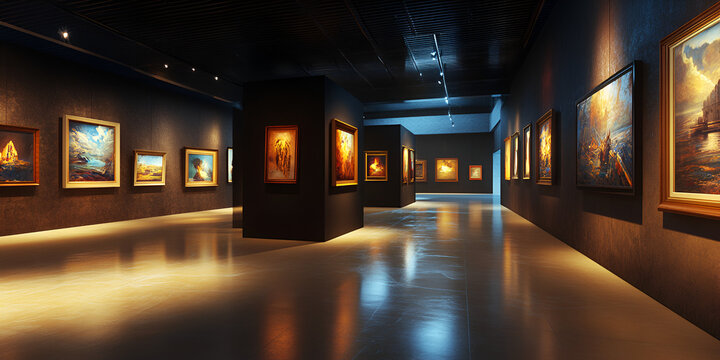 Cyberpunk Style NFT Art Gallery with Glowing Frames for Digital Collectibles Exhibition and Web3 Metaverse Culture