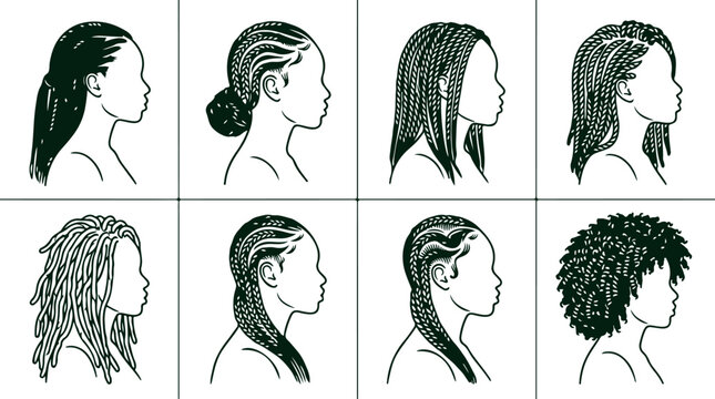 Collection of braided hairstyles for black women in profile view illustration.