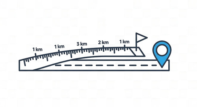 Measuring tape with 1km to 11km scale markings and location pin icon.