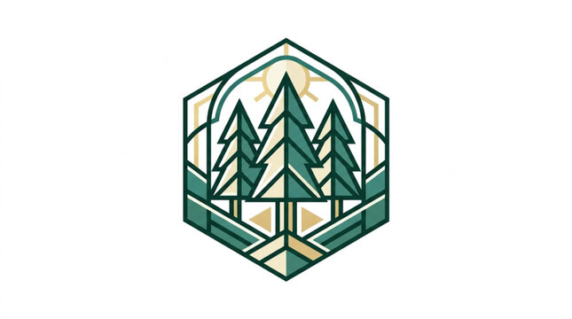 Geometric Forest Emblem with Pine Trees Inside Hexagon.