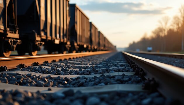 Long freight train with black metal cars moves on railroad tracks. Close-up view on ballast stones and rails. Transport logistics in motion at dusk.