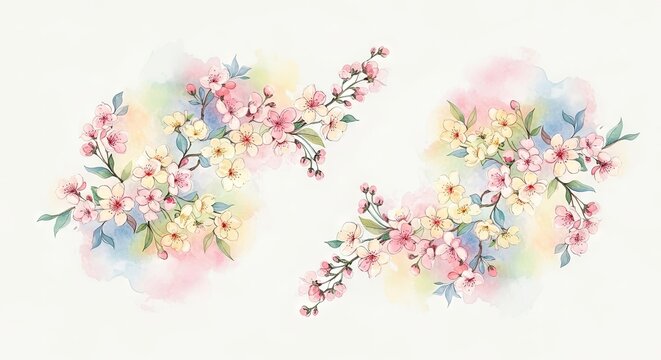 Watercolor pink cherry blossom branches on white background