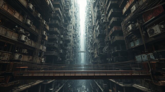 Dystopian mega city chasm with towering decaying apartment buildings and high verticality