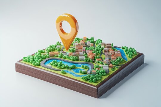 3D city model with map pin showing a small town with green areas and water bodies