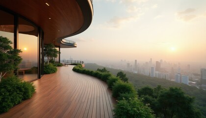 Obraz premium Modern luxury apartment terrace with expansive city view at sunset. Curved wooden deck with green plants overlooks blurred cityscape. Futuristic eco design building.