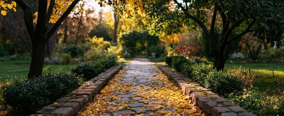 Obraz na płótnie Canvas A charming European garden path lined with rustic brick and glowing autumn leaves under soft sunlight.