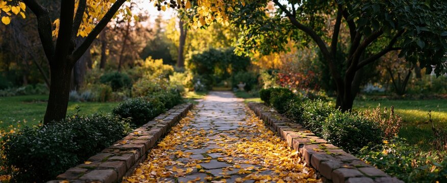 A charming European garden path lined with rustic brick and glowing autumn leaves under soft sunlight.
