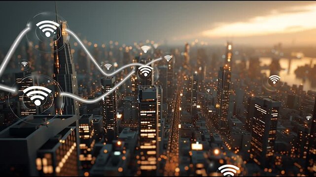 Social media fo city and Smart digital Innovation city with connection network reciprocity over the cityscape. of future smart wireless city and social media networking systems that connects business