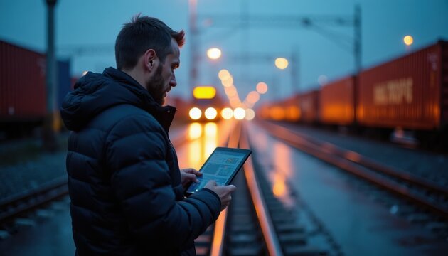 Man uses tablet on train platform near cargo containers. Businessman checks data by rail tracks at dusk. Person works remotely using tech device near transport hub.