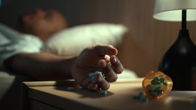 Depressed man sitting on bed holding sleeping pills and medication bottles. Medication overdose risk, mental health crisis, emotional stress and healthcare concept.

