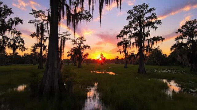 Tranquil sunset over a swamp with reflection of the sun, trees, and water with lily pads and moss