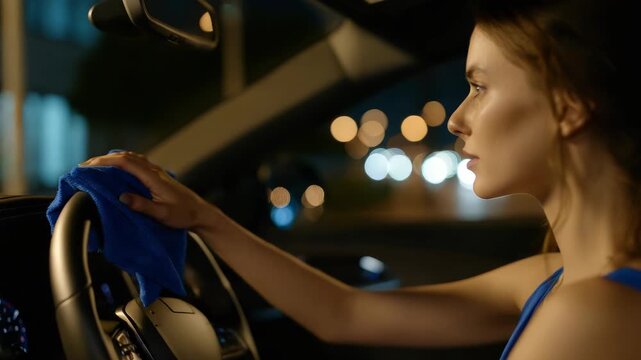 Young woman driving car at night cleaning interior with blue cloth