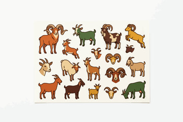 Obraz premium Goat and Ram Stickers Illustration Set on White Background