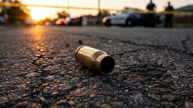 Empty bullet casing on asphalt street at sunset with blurred police cars and crime scene tape background, dramatic law enforcement and forensic investigation concept.