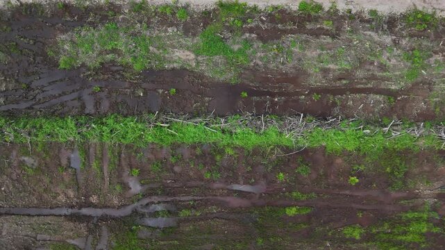 An aerial view showing rows of flooded farmland, muddy fields, and drainage channels in an agricultural landscape.