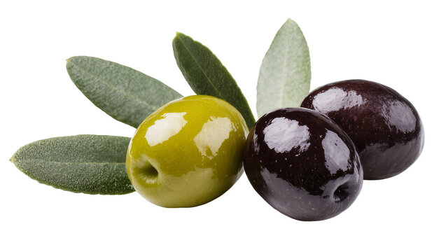 Green and black olives with leaves