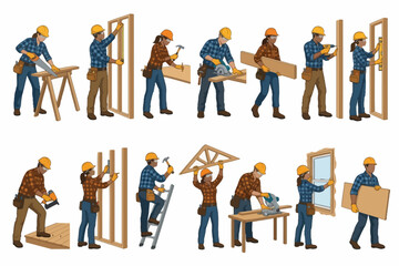 Obraz premium Construction workers and carpenters building wood house frame set