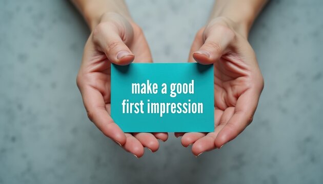 Hands hold teal card with white text. Message is make a good first impression. Concept for job interview, meeting new people. Advice for success.