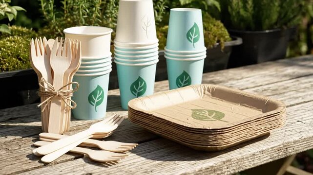 Eco-friendly picnic party set with disposable wooden forks, cups, and plates on a wooden table outdoors