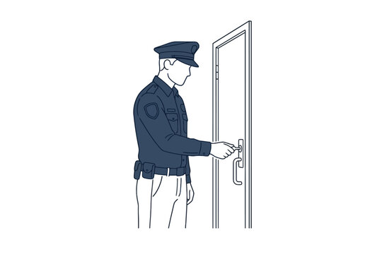 Police officer in uniform unlocking door with key illustration