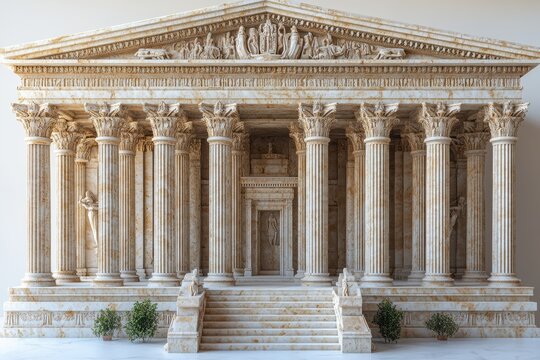 Historic temple structure features tall columns and detailed carvings in a bright setting