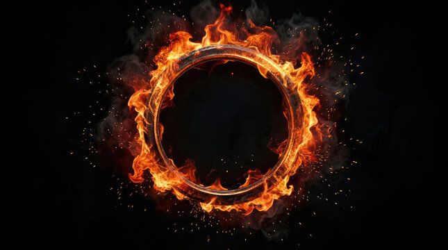 Circular metallic ring burning with intense fire flames and sparks