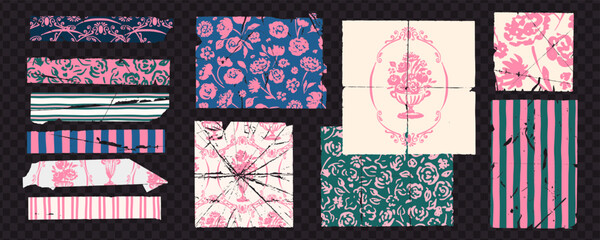 Obraz premium Faded paper with place for text. Different folded papers with vintage frames, patterns, flowers, frames, stripes. Cutout vintage, old, damaged paper. Message, quote box. Piece, sheet of paper for note