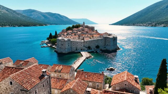 Aerial View of Sveti Stefan Island in Montenegro with Clear Blue Waters and Mountain Backdrop
