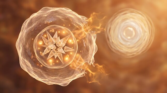 Glowing biological cell with crystal interior and spiral ring structure in warm body environment