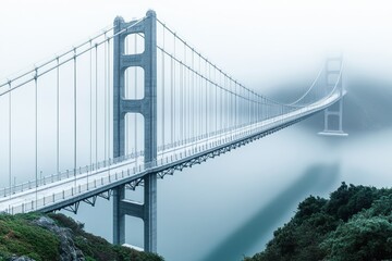 Obraz premium Fog covers the bridge as it stands over water on a quiet day in San Francisco Bay