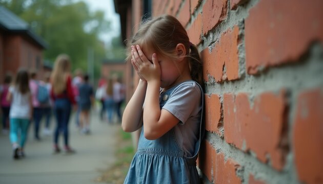 Young girl stands alone at brick wall covering face. Children group in background, appear to tease or bully her. Schoolyard scene during daytime outdoor.
