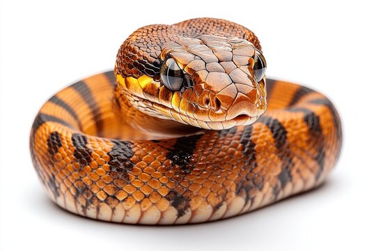 Bright orange snake coils on white surface in studio setting during the daytime
