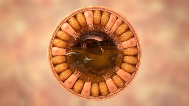 Cross section of intestinal villi showing epithelial cell lining and dark mucus layer inside