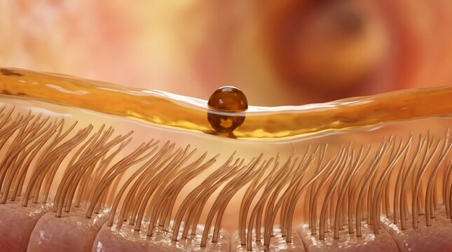 Close up of cilia layer with amber colored serum droplet resting on mucus film surface