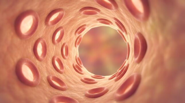 Interior view of blood vessel tunnel showing red blood cell flowing through artery wall