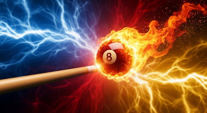 Shooting eight ball with cue stick amidst fiery and electric storm
