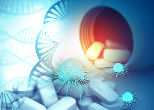 Pharmaceutical medical pills and capsules targeting mutated DNA strands and malignant cancer cells for treatment. 3d illustration