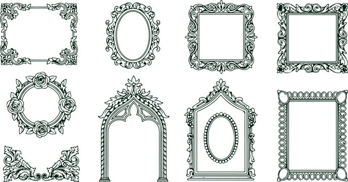 Ornate vintage frames and decorative borders in baroque and gothic styles for elegant photo and artwork embellishment.