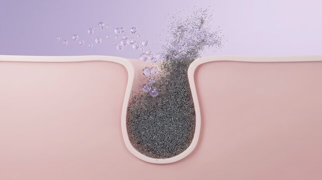 Skin pore cross section showing blackhead debris being expelled with crystal bubble rising