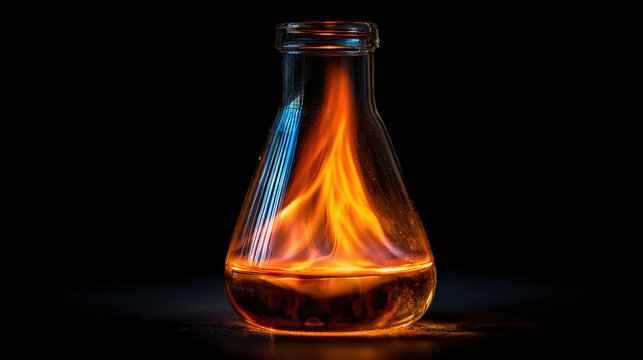 Chemical Reaction in Flask: A flask containing a burning liquid, with flames erupting inside and casting an eerie blue and orange glow.