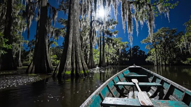 Tranquil boat ride through the Louisiana bayou at night, illuminated by moonlight, with Spanish moss hanging from cypress trees.