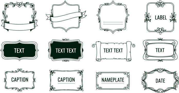 Decorative ornamental frames and borders in vintage style, ideal for labels, captions, nameplates, and text boxes in graphic design.