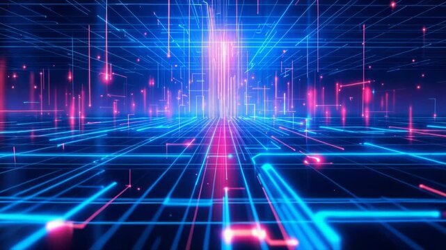 Infinite network of glowing data streams moving through a futuristic cyberspace neon grid background