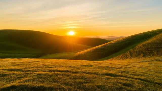 Sunset over rolling green hills with glowing horizon and soft pastel sky