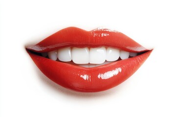 Obraz premium Bright red lips show shining white teeth in close up photo taken in a studio setting during the day